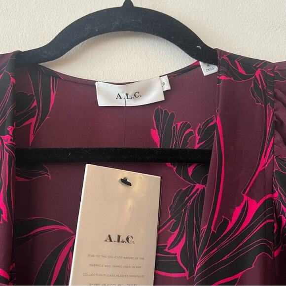 A.L.C. Embry Wrap Silk Mini Dress in Bordeaux & Black - Picture 7 of 12